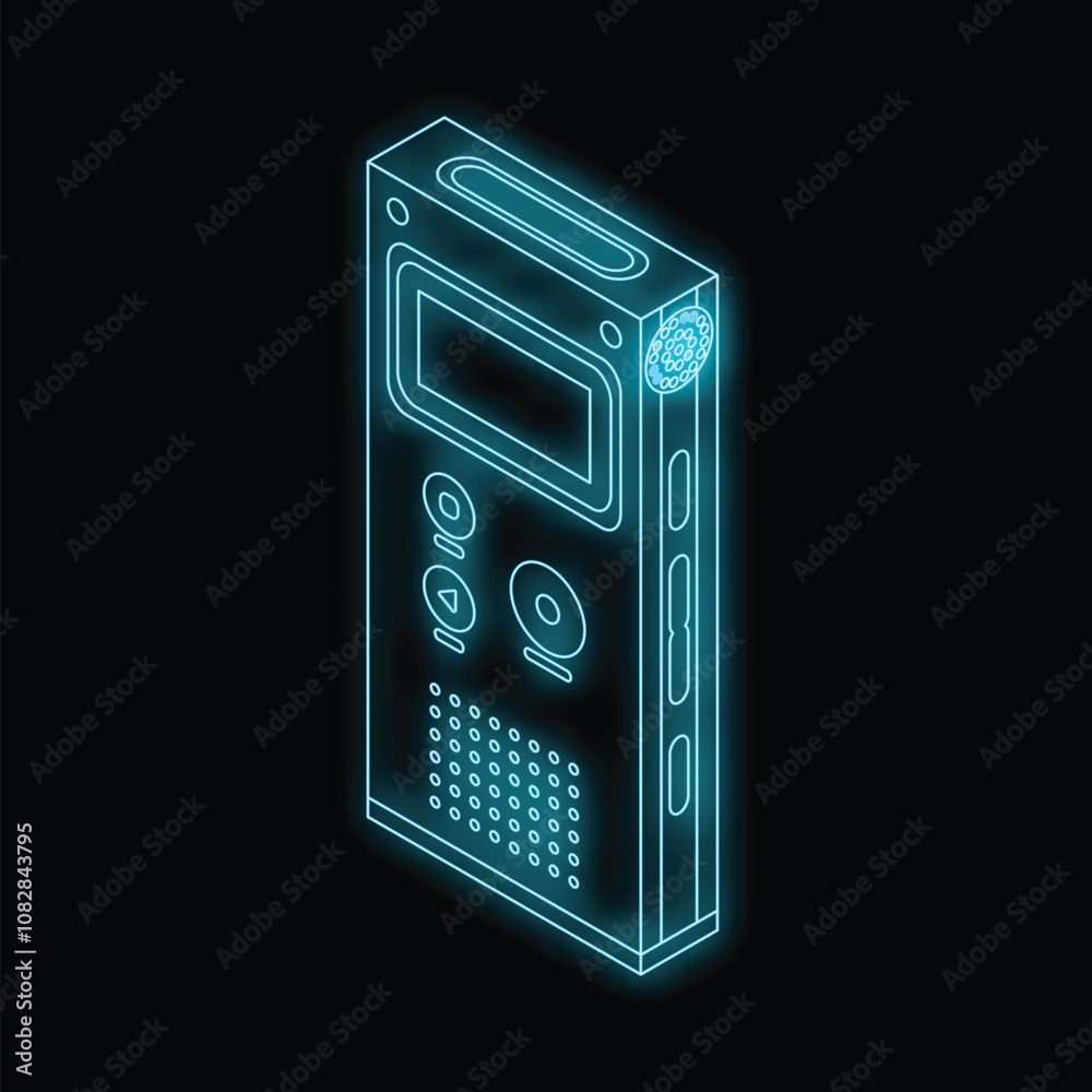 Fototapeta premium Isometric digital voice recorder glowing with blue neon light on black background