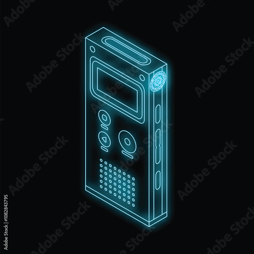 Isometric digital voice recorder glowing with blue neon light on black background