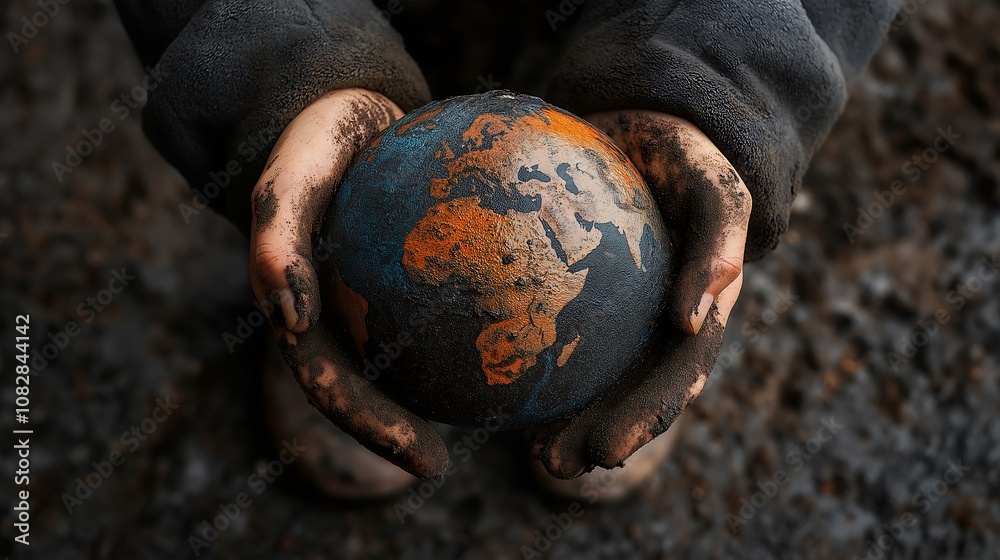 Hands holding a globe covered in oil and smog, representing the global environmental impact of fossil fuels. Hands holding a globe covered in oil and smog, representing the global environmental impact of fossil fuels.