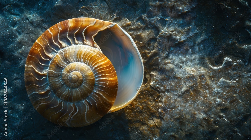 Obraz premium Abstract art piece featuring a nautilus shell with a detailed swirl. The shell's patterns are a stunning example of nature's design.