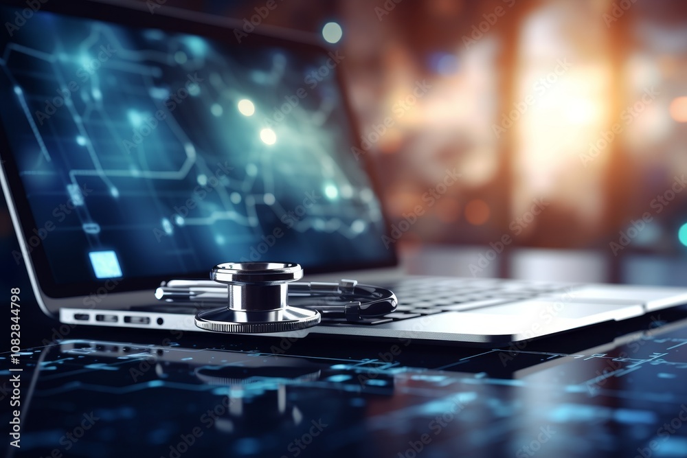Stethoscope on Laptop Keyboard Healthcare, Technology and Innovation in Medical Diagnosis Concept. Stethoscope on Laptop Keyboard Healthcare, Technology and Innovation in Medical Diagnosis Concept.