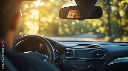 Man Driving Through Lush Forest on a Sunny Day Viewed from Rearview Mirror : Generative AI