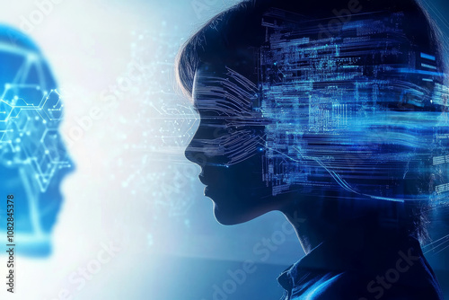 futuristic representation of artificial intelligence and human interaction, showcasing woman profile with digital elements and robotic silhouette. image conveys sense of innovation and technology