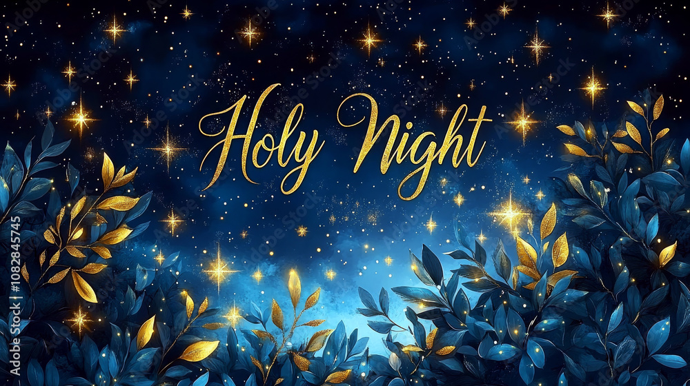 Fototapeta premium Text in golden script reads 'Holy Night' amidst starry sky and golden leaves. Concept of night, nature and celebration.