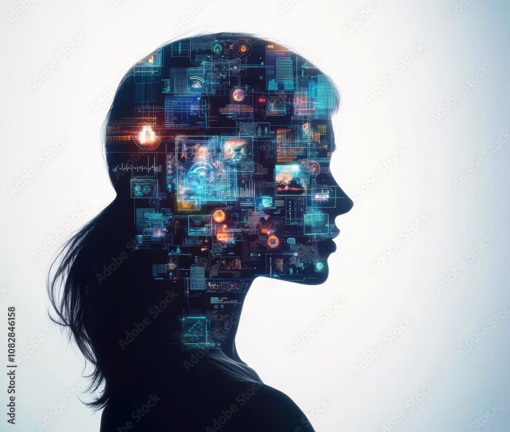 silhouette of woman with digital interface inside her head, symbolizing technology and innovation. image conveys sense of creativity and intelligence silhouette of woman with digital interface inside her head, symbolizing technology and innovation. image conveys sense of creativity and intelligence