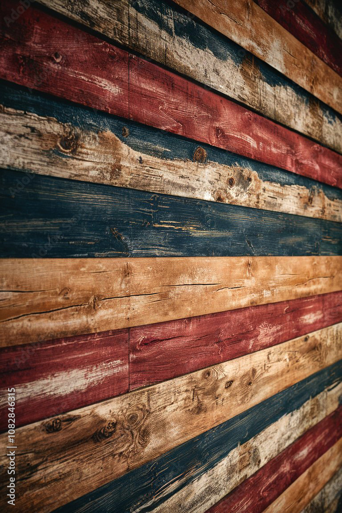 Rustic weathered wooden planks painted in faded red blue and tan tones form a textured panel with vintage charm and a barnwood-inspired design. Rustic weathered wooden planks painted in faded red blue and tan tones form a textured panel with vintage charm and a barnwood-inspired design.