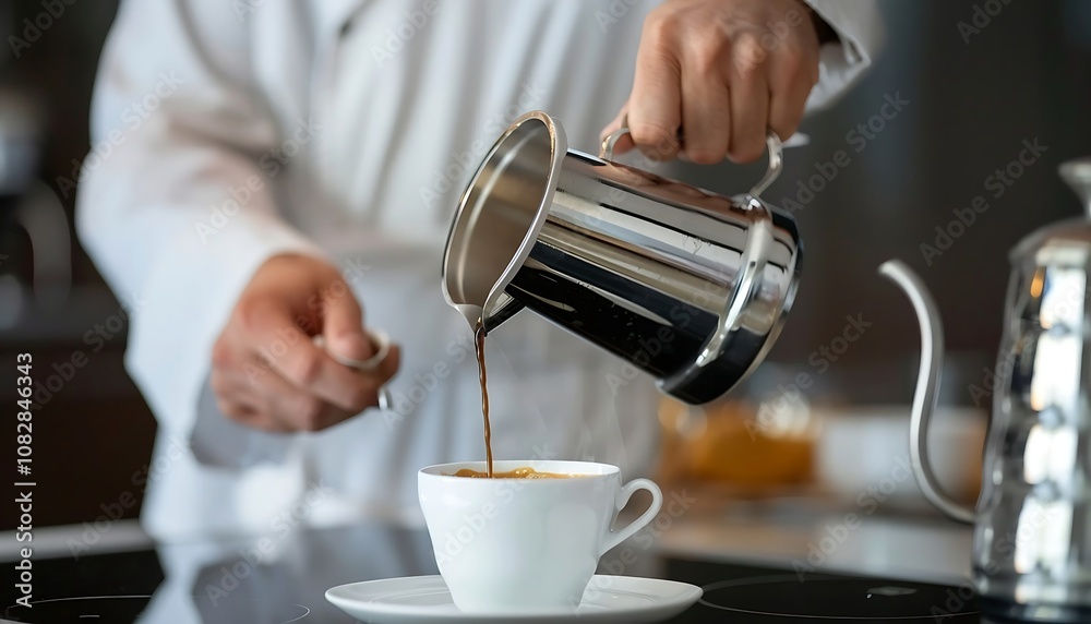 Coffee pouring from a kettle into a cup on a table Coffee pouring from a kettle into a cup on a table