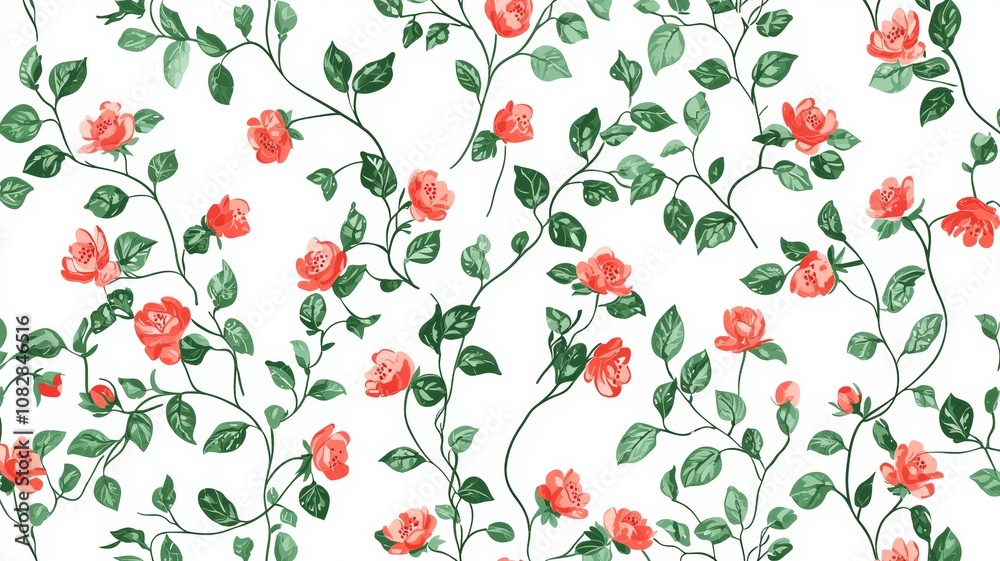 Seamless pattern of red flowers and green leaves on white background Seamless pattern of red flowers and green leaves on white background