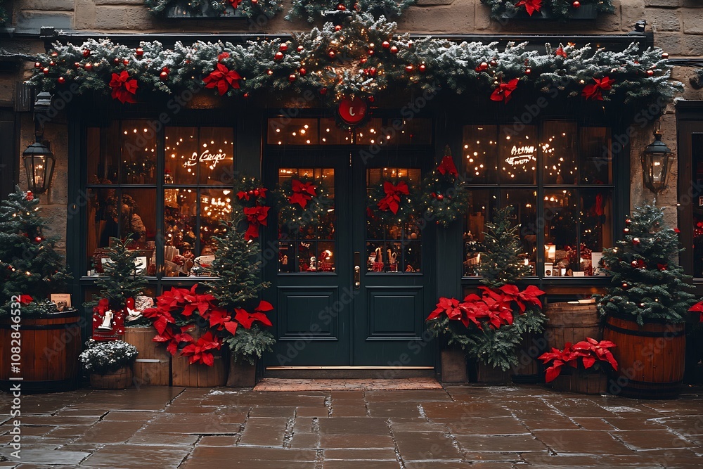 Traditional Christmas Storefront Adorned with Red Ribbons and Evergreen Decor Creating Festive Vibe : Generative AI Traditional Christmas Storefront Adorned with Red Ribbons and Evergreen Decor Creating Festive Vibe : Generative AI