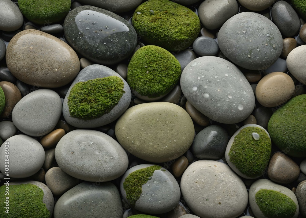 River Stones Covered in Soft Green Moss in a Tranquil Riverbed Setting River Stones Covered in Soft Green Moss in a Tranquil Riverbed Setting