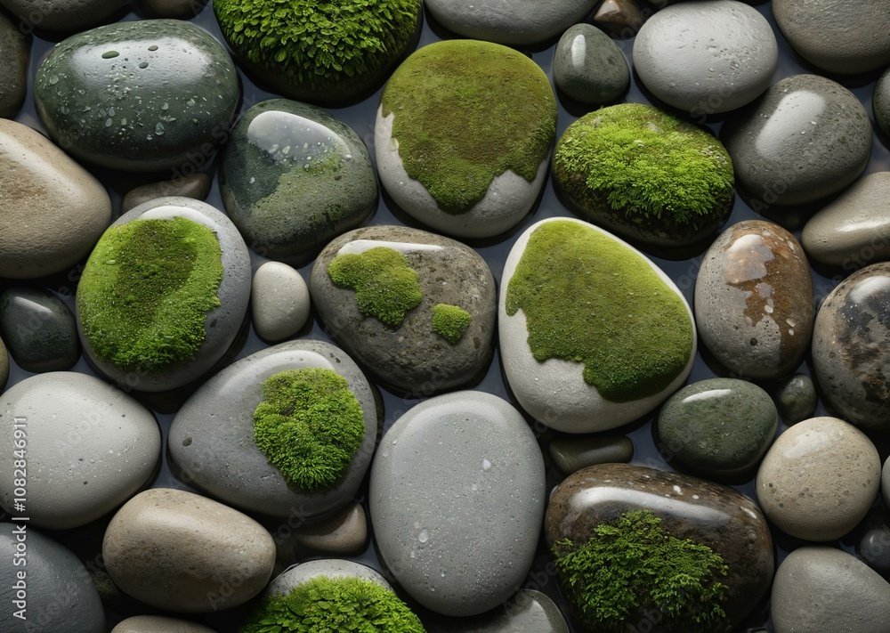 River Stones Covered in Soft Green Moss in a Tranquil Riverbed Setting River Stones Covered in Soft Green Moss in a Tranquil Riverbed Setting