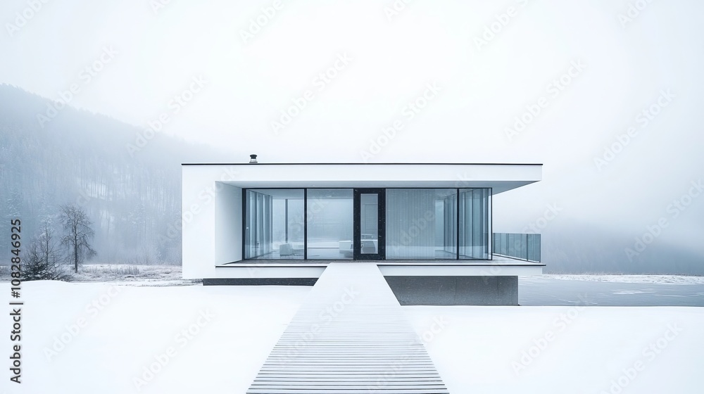 Obraz premium A minimalist house with white walls and glass windows, modern architecture with a sloping roof, a wooden walkway leading to the entrance door, a minimalist landscape, a white 