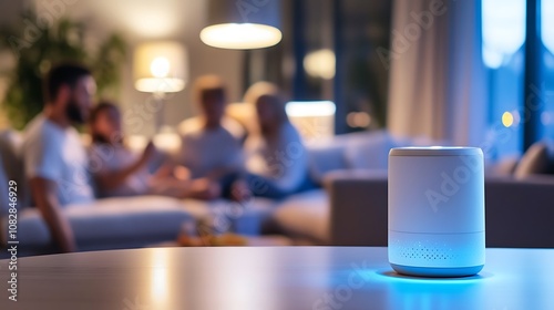 A smart home assistant device on a modern living room table, with a family interacting through voice commands to control lighting and temperature settings in the background 
