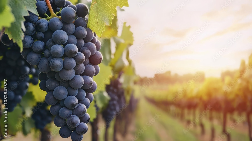 Fototapeta premium Ripe grapes hanging in a sunlit vineyard.