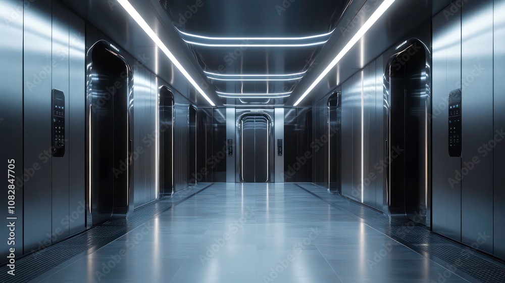 Fototapeta premium Futuristic elevator hallway with sleek metallic walls and glowing lights.