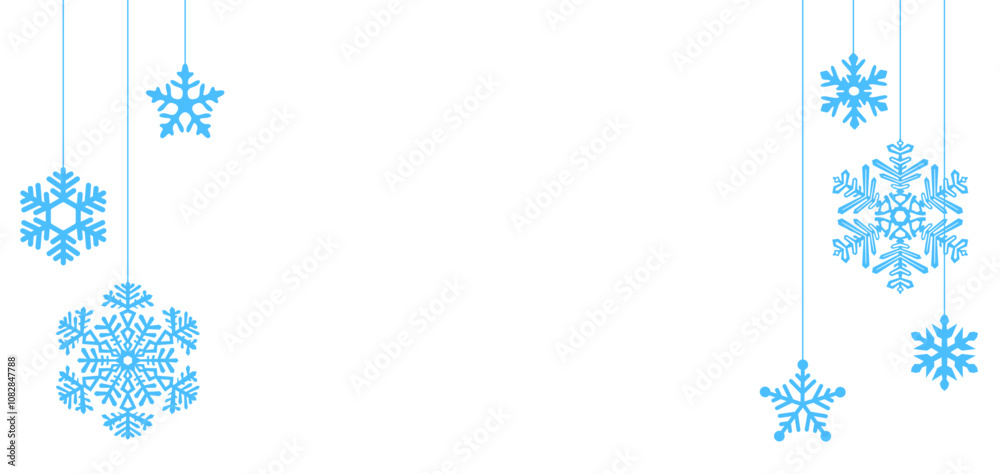 Vector illustration of blue hanging snowflakes on a clean white background, ideal for winter-themed designs. Vector illustration of blue hanging snowflakes on a clean white background, ideal for winter-themed designs.