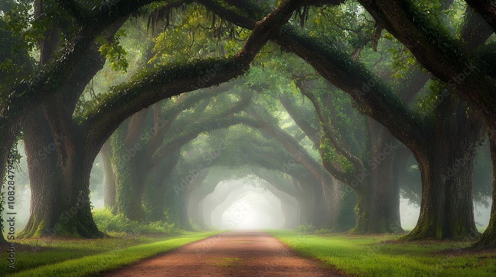 Naklejka premium Ancient Oak Tree Tunnel in a Misty Forest with Sunlight Filtering Through