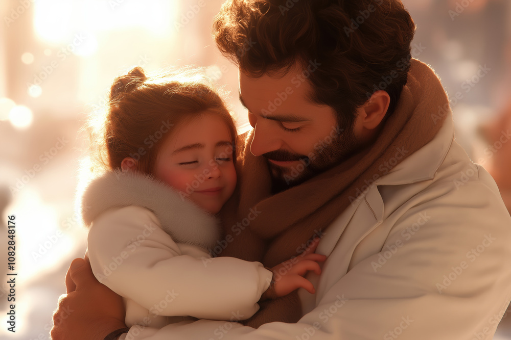 A warm winter embrace between a father and daughter in a snowy park during sunset A warm winter embrace between a father and daughter in a snowy park during sunset