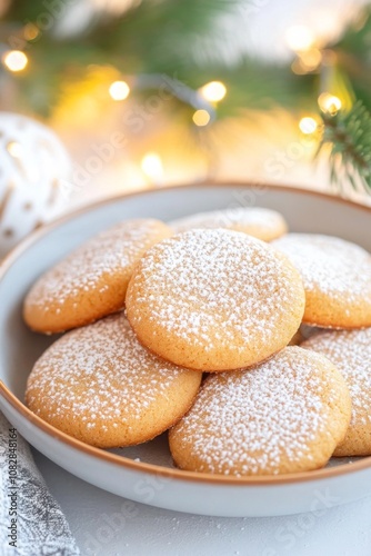 Delicious Drmmer cookies dusted with powdered sugar on a ceramic plate in a cozy winter setting photo