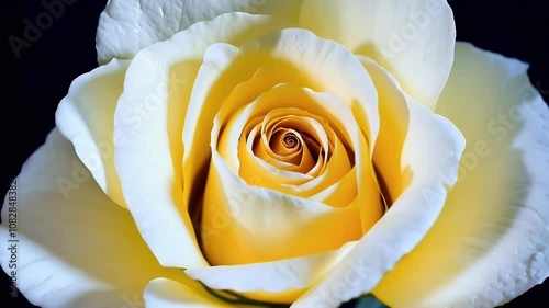 up time lapse video cream colored rose opening black background capturing delicate beauty flower’s petals blooms stunning 4K romantic holiday backdrop