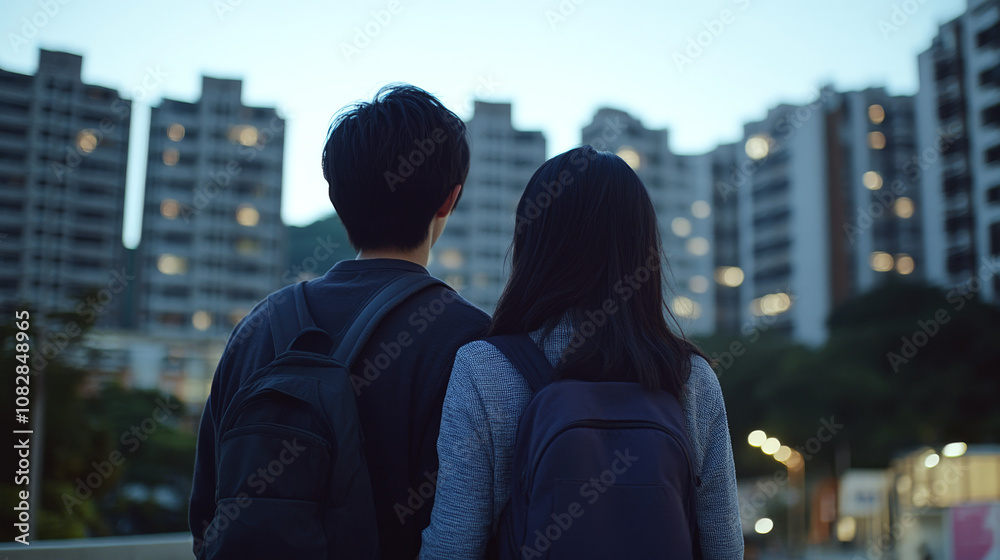 Two people with backpacks stand facing tall buildings under a dusky sky. Concept of urban exploration and modern lifestyle. Two people with backpacks stand facing tall buildings under a dusky sky. Concept of urban exploration and modern lifestyle.