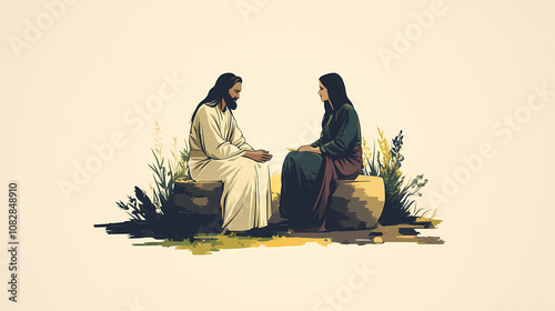 A minimalist illustration of jesus with the samaritan woman at the well of jacob, showcasing simple and clean lines to create a serene atmosphere, with a focus on the interaction. Serene. Illustration photo