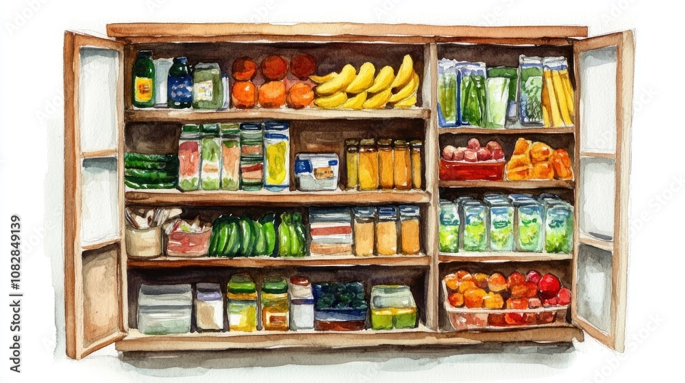 Obraz premium Organized pantry, watercolor painting of a well-stocked kitchen cabinet with fruits, vegetables, and various food items.