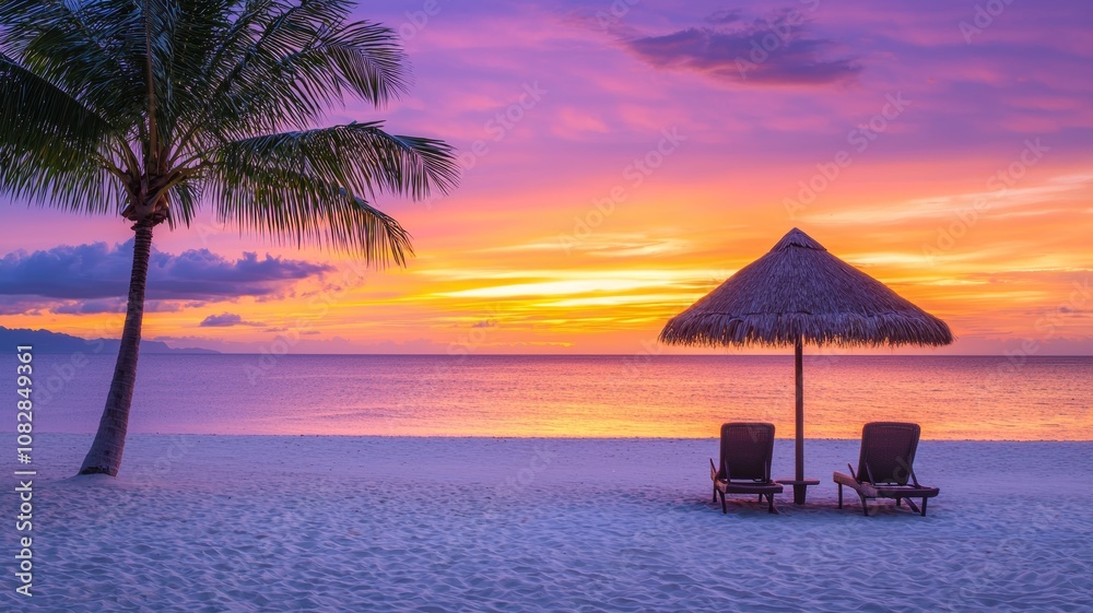 Tranquil Twilight Beach with Wicker Chairs and Colorful Sky Tranquil Twilight Beach with Wicker Chairs and Colorful Sky