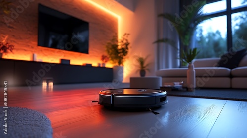 A futuristic living room featuring an AI-powered robotic vacuum cleaner working autonomously, while an AI hub displays notifications about completed tasks and energy usage