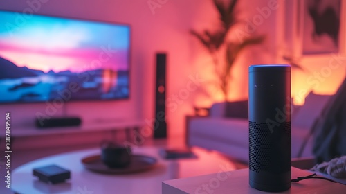 A home theater system controlled by an AI-powered device, with a user commanding the assistant to play a movie, adjust sound settings, and dim the lights simultaneously