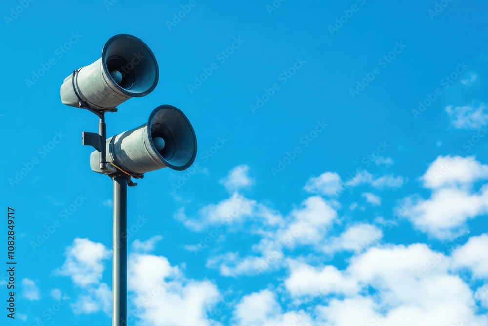 Outdoor loudspeakers mounted on a metal pole, set against a bright blue sky, ideal for public announcements or music events. Outdoor loudspeakers mounted on a metal pole, set against a bright blue sky, ideal for public announcements or music events.