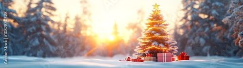 Magical Christmas Tree at Sunset with Presents in Snowy Forest Setting : Generative AI photo