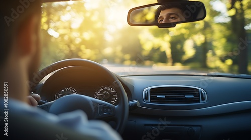 Sunlit Forest Drive Captured from Inside the Car with a Rearview Mirror Focus : Generative AI