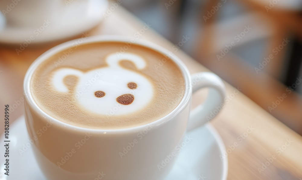 Cute Bear Shape Latte Art in White Cup on Rustic Wooden Table for Relaxing Coffee Break : Generative AI Cute Bear Shape Latte Art in White Cup on Rustic Wooden Table for Relaxing Coffee Break : Generative AI