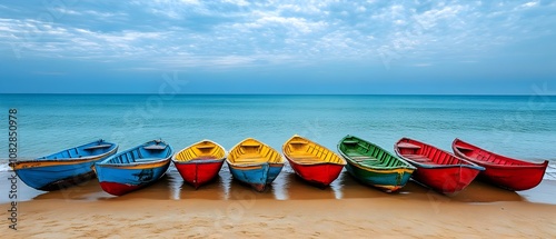 Brightly Painted Boats Lined Up on a Sandy Shoreline with Calm Ocean in the Background photo