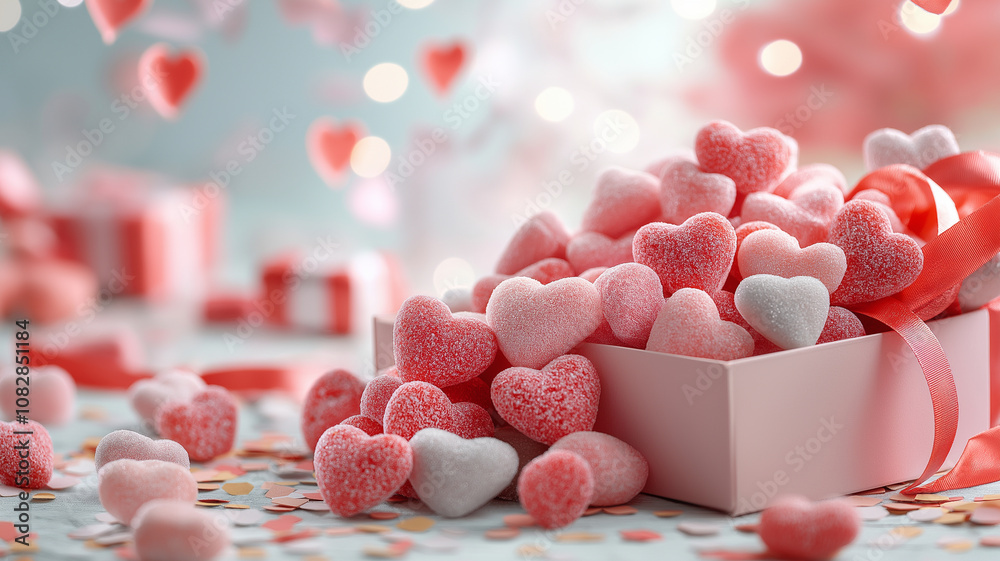 Sweet heart shaped candies in pink box create romantic atmosphere Sweet heart shaped candies in pink box create romantic atmosphere