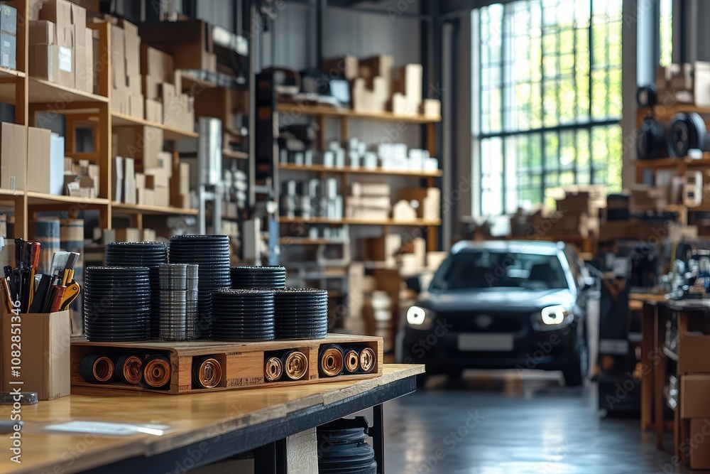 Stacked Black and Copper Parts in a Workshop Setting Stacked Black and Copper Parts in a Workshop Setting