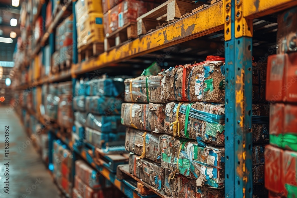 Naklejka premium Stacked Cardboard Boxes Wrapped in Plastic and Tape on a Shelf in a Warehouse