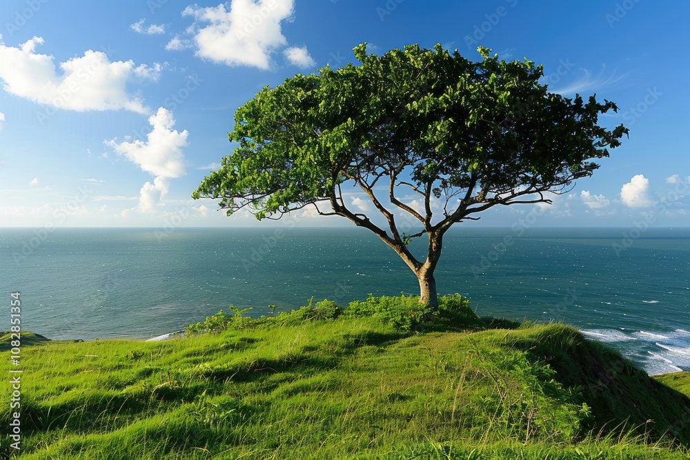Solitary Tree on a Grassy Cliff Overlooking the Ocean Solitary Tree on a Grassy Cliff Overlooking the Ocean