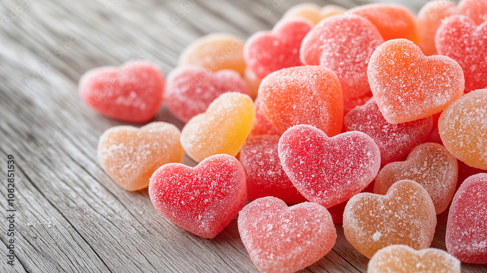 Sweet and colorful heart shaped candies scattered on wooden surface Sweet and colorful heart shaped candies scattered on wooden surface