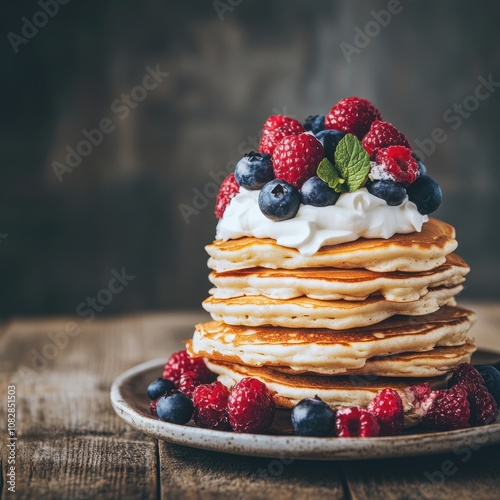 Pancakes with Whipped Cream and Berries on Rustic Table