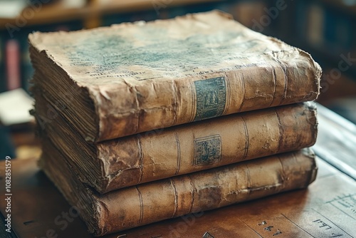 Stack of Worn, Antiquated Books with Detailed Covers photo