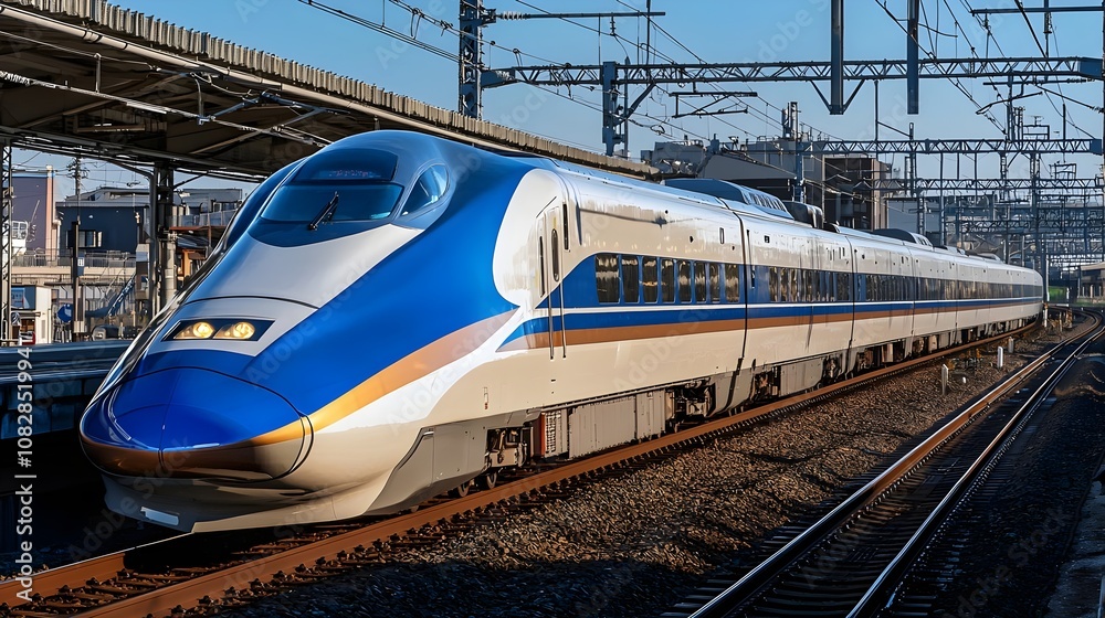 Fototapeta premium Modern Japanese Bullet Train in Motion at Railway Station