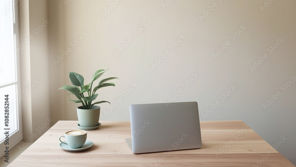 Minimalistic Modern Light Home Office, Working Space with Laptop and Cup of Coffee Minimalistic Modern Light Home Office, Working Space with Laptop and Cup of Coffee