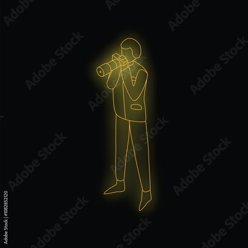 Neon yellow outline of a photographer taking a photo with a professional camera