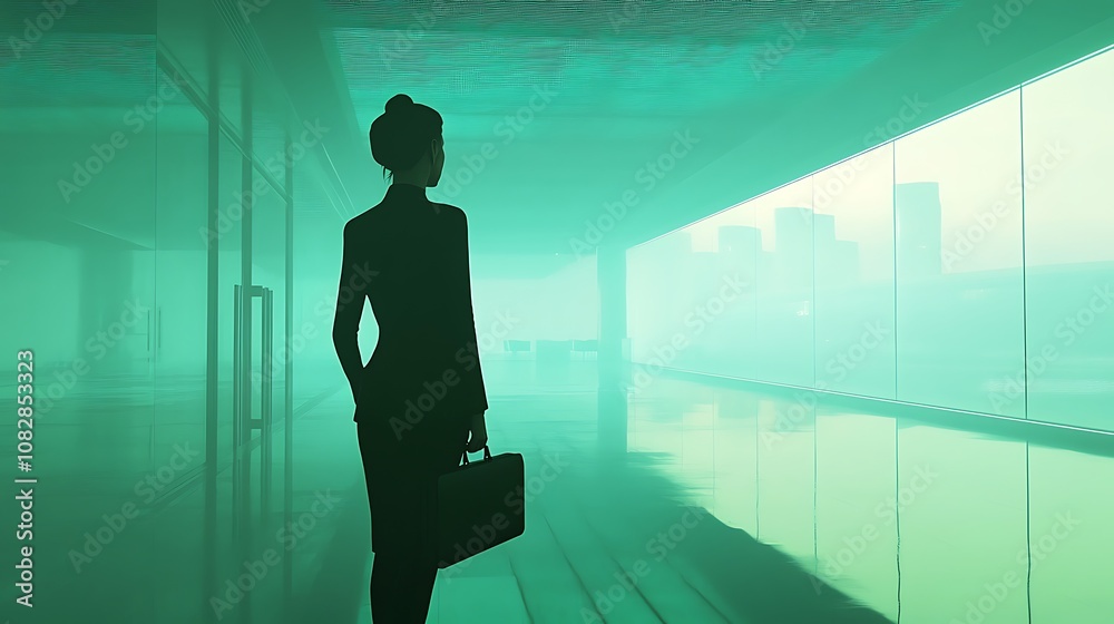 Fototapeta premium A businesswoman holding a briefcase, her shadow blending into the futuristic structure of an office building.