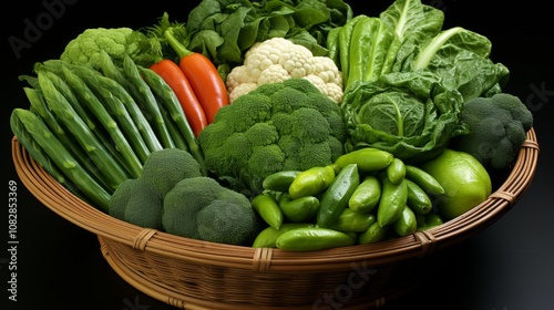 Basket Full of Fresh Green Vegetables, a Healthy Eating Concept. Broccoli, Cabbage, Lettuce