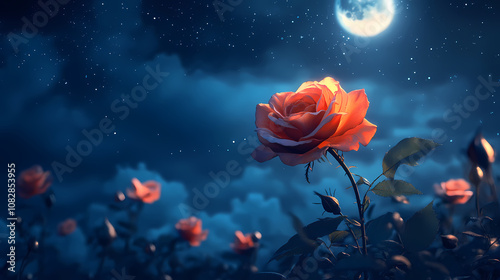 Rose flower night sky and moon light dramatic generative ai. Mysticism. Illustration