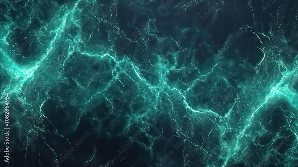 Fototapeta premium Fantasy green lightning, abstract electrical background ,Teal abstract lightning on black.
