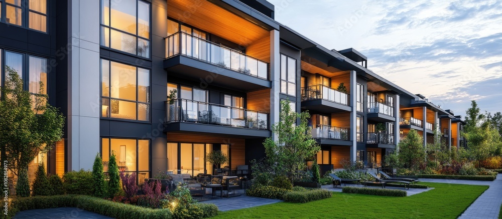 Modern apartment complex featuring balconies and large windows with outdoor amenities included Mixed media representation